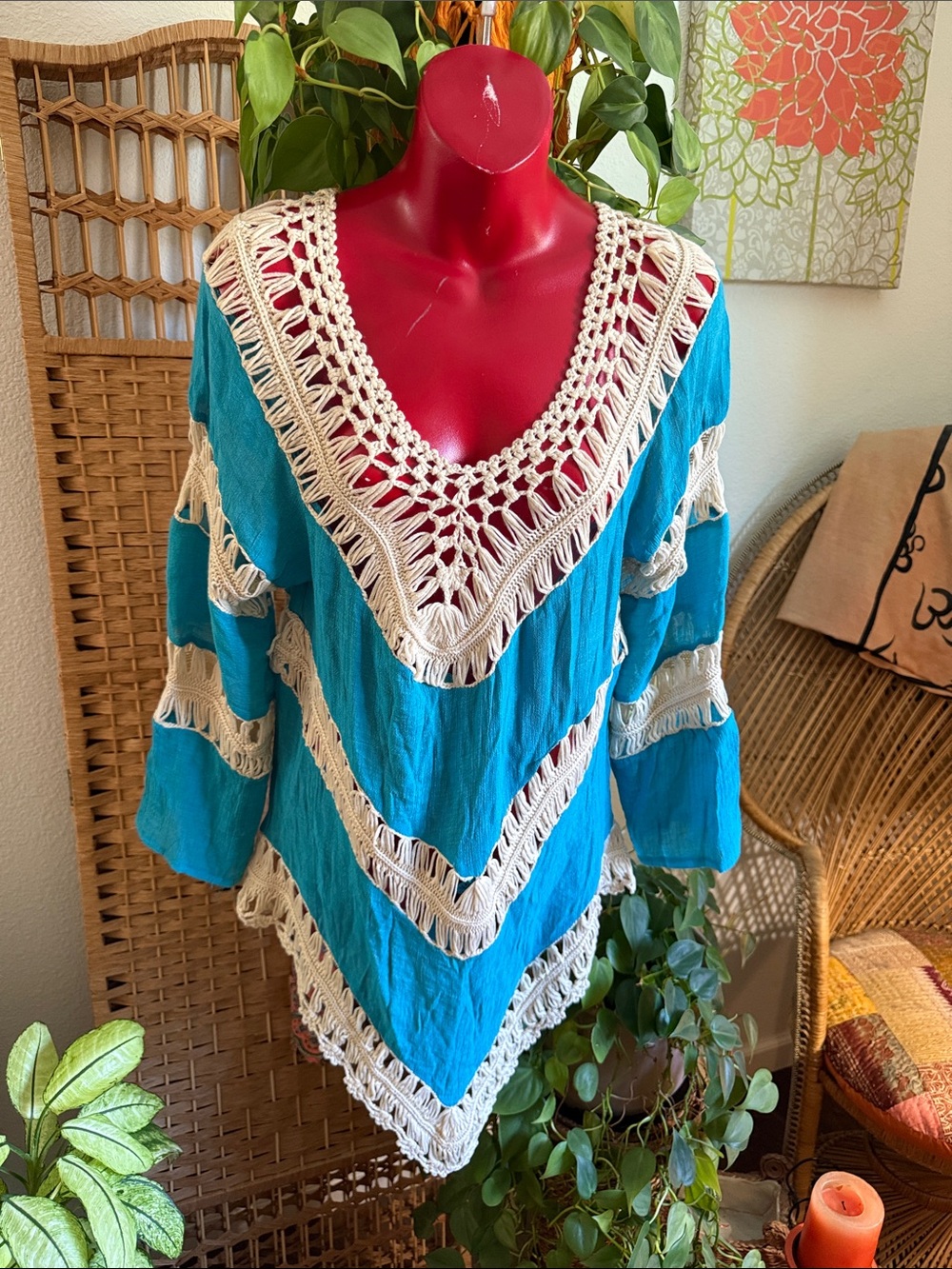 Velzera Cream Crochet Fringe Top with Multicolor Embellishment